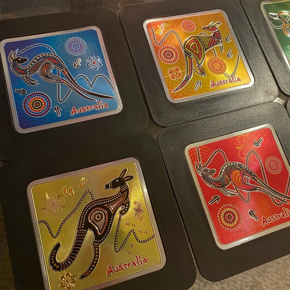 New Australia Kangaroo Foil Coaster Set| 6-Piece Square Souvenir Drink Coasters